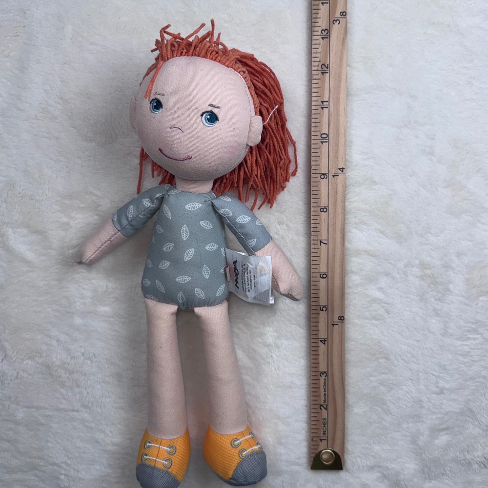 HABA Rag Doll Unisex 12in Orange Red Hair Grey Leaf Bodysuit 306949